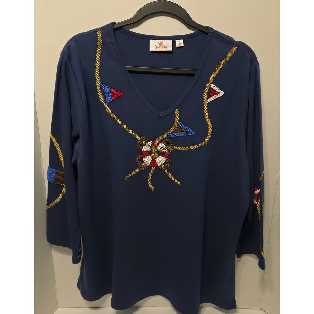 Quacker Factory Navy Nautical Theme SS top intricate beaded detail size XL